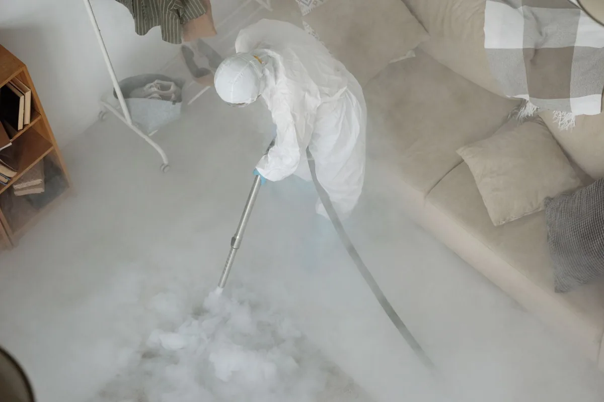 Biohazard cleanup technician in protective equipment, Pendleton, Cincinnati, OH